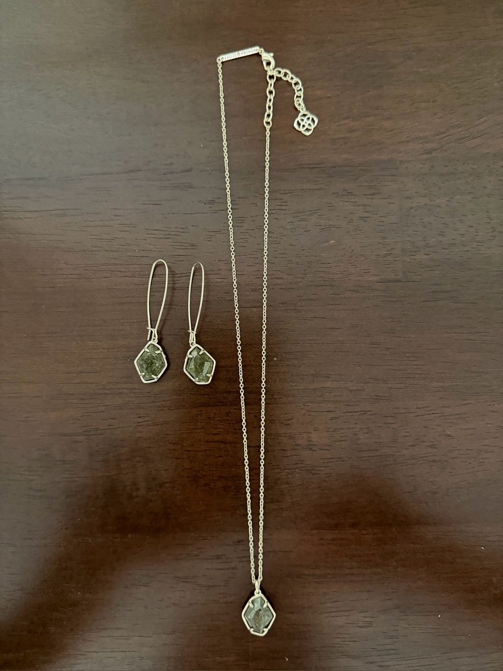 Kendra Scott gold Necklace and Earring Set with Green Stones
